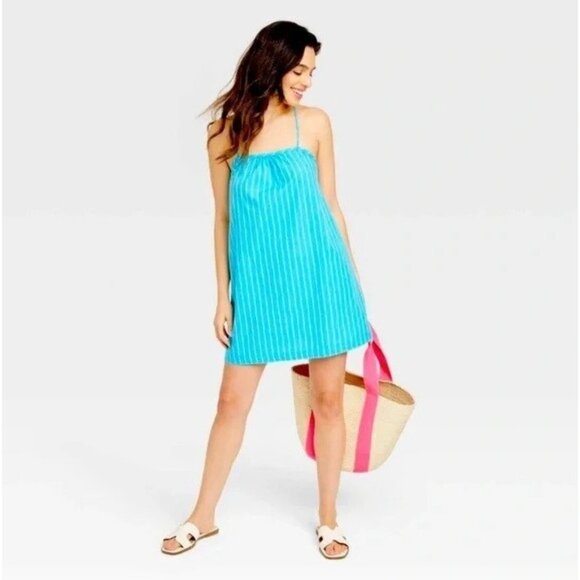 A New Day Blue Striped Strappy Sleeveless Tank Shift Mini Dress - Picture 1 of 7